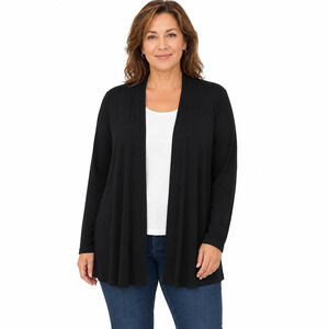 Chicos Black Rayon Blend Thin Cardigan Open Sweater Staple Minimalist sz 2 / L